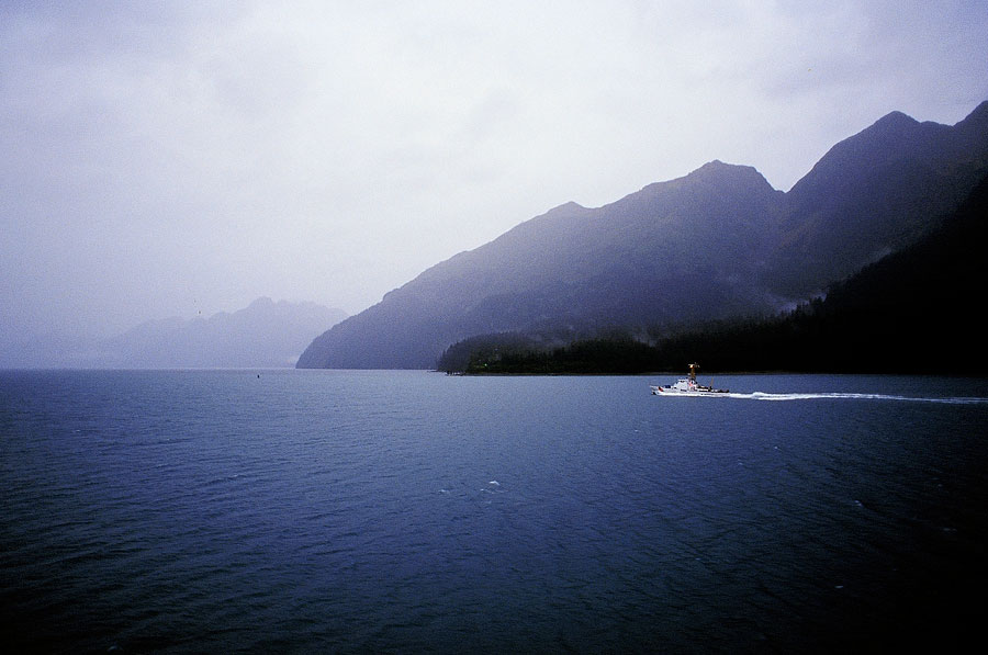 Early morning coast guard escort out of Prince William Sound (Day 109)